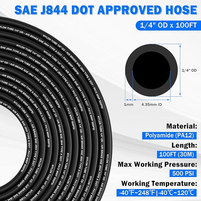 1/4" Air Line Tubing Kit,100 FT(30m)1/4 Inch DOT Air Line SAE j844 PA Nylon Air Hose Quick Connect Fittings with Cutter and Teflon Tape,1/4" Air Hose Kit for Pneumatic System Or Fluid Transfer(27 PCS)