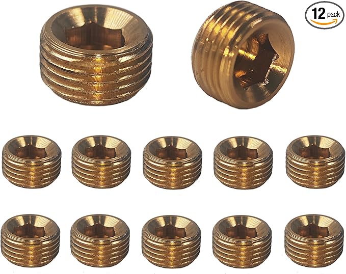 12PCS 3/8" NPT Male Plug Fitting Set, Brass Hex Counter Sunk Plugs, Internal Hex Socket Thread Pipe Plug for Closing the End of Pipe