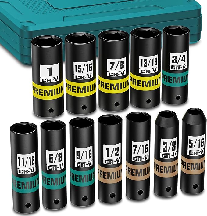 12-Piece 3/8-Inch Drive SAE Impact Deep Socket Set, 5/16 to 1 inch, CR-V, 6 Point, Heavy-Duty Sockets for Impact Wrenches, Automotive and Home