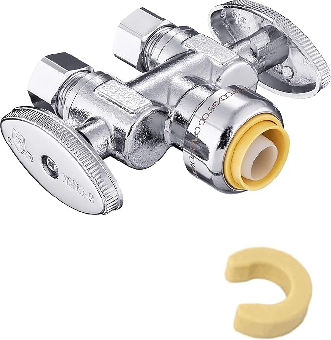 EFIELD Push Fit 1/2" x Dual 3/8" ; OD Compression Straight Stop Valve 1/4 Turn with a Disconnect Clip Tool,(PF-VALVE039)