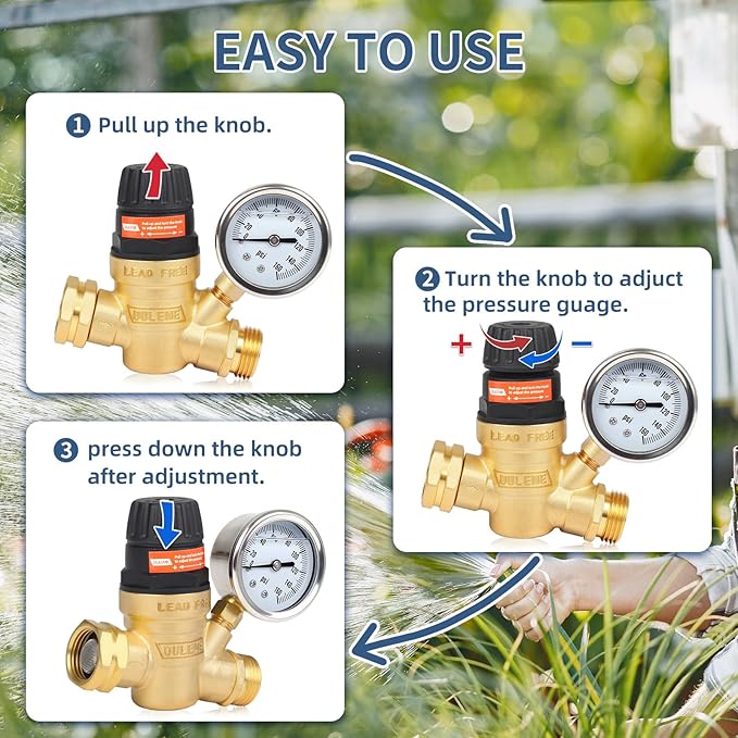 OULEME RV Water Pressure Regulator Valve with Handle Adjustable, Silicone Oil Gauge, Double Filters, Brass Lead-Free and 3/4" Connector for Camper Travel Trailer Water Pressure Control