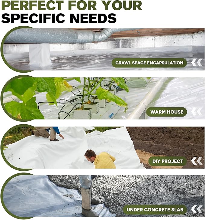 White Crawl Space Vapor Barrier, 12 Mil Vapor Barrier, 10' x 100', Heavy Duty Polyethylene Film, Thick Plastic Sheeting, Plastic Drop Cloth Covering for Crawlspace, Basement, White