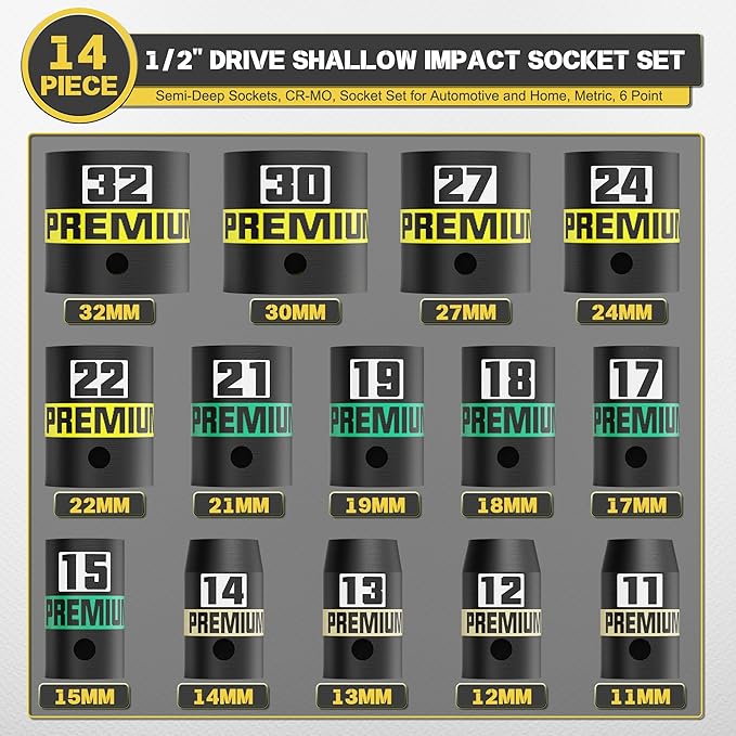 14-Piece 1/2" Drive Shallow Impact Socket Set, 11-32mm, Semi-Deep Sockets, CR-V, Socket Set for Automotive and Home, Metric, 6 Point