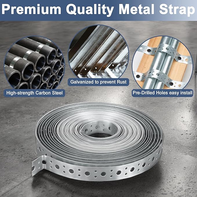 Galvanized Metal Strap 1-Inch x 50Feet, 23-Gauge Pipe Hanger Strap Metal Strapping with Holes Plumbers Strap DIY Cutting for Pipe Supports Hanging