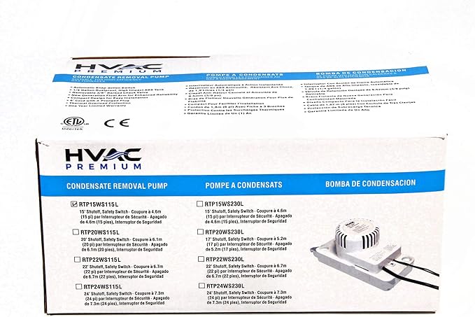 HVAC Premium Condensate Removal Pump – Tank Pump 1.1L RTP15WS115L with 3/8" x 15' Pipe – Automatic Safety Switch Sensor - 115V/60HZ