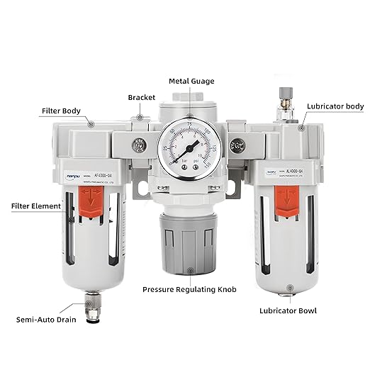 NANPU 3/4" NPT Air Filter, Regulator & Lubricator (FRL) Combo - Water/Oil Trap Separator - Pressure Gauge(0-150 psi), 5 Micron Brass Element, Semi-Auto Drain, Poly Bowl, Metal Bracket