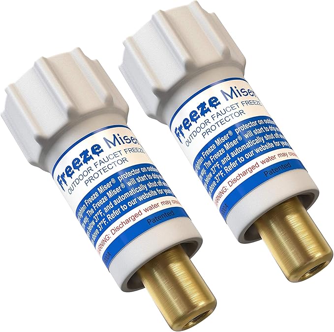 Freeze Miser Outdoor Faucet & Spigot Freeze Protection – Patented Valve Shield, Activates at Water Temperature Below 37°F/3°C – Durable Winter Cover Alternative – Quick Install, Saves Water – 2 Pack