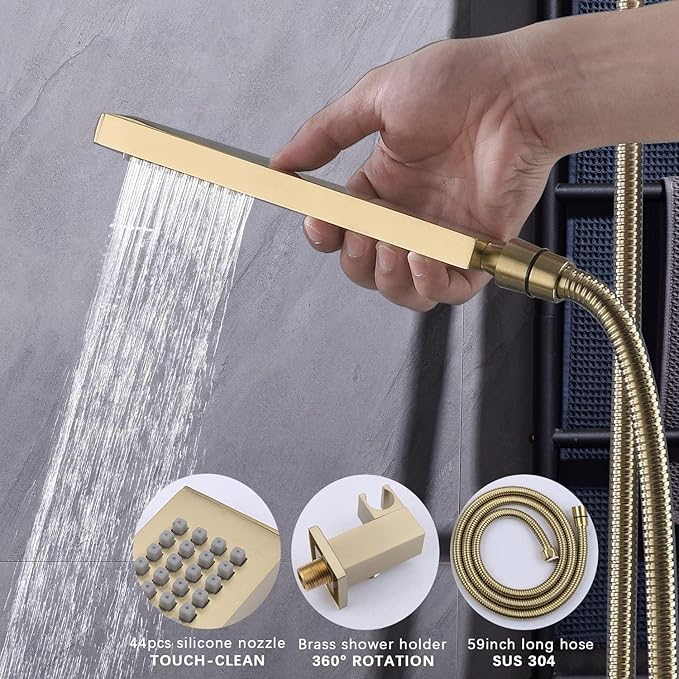 Brushed Gold Shower System with 12 inch Ceiling Mounted Shower Head and Handheld Shower, 4 PCS Body Jet, with Digital Temperature Display Function