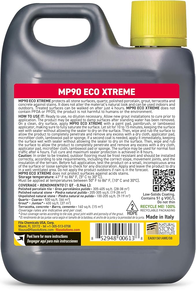 FILA Natural Stone Sealer, MP90 ECO Xtreme, Natural Look Sealer and Stain Protector, Ideal for All Natural Stone, Polished Porcelain Tile and Grout, Eco-Friendly Water Based, 1 QT