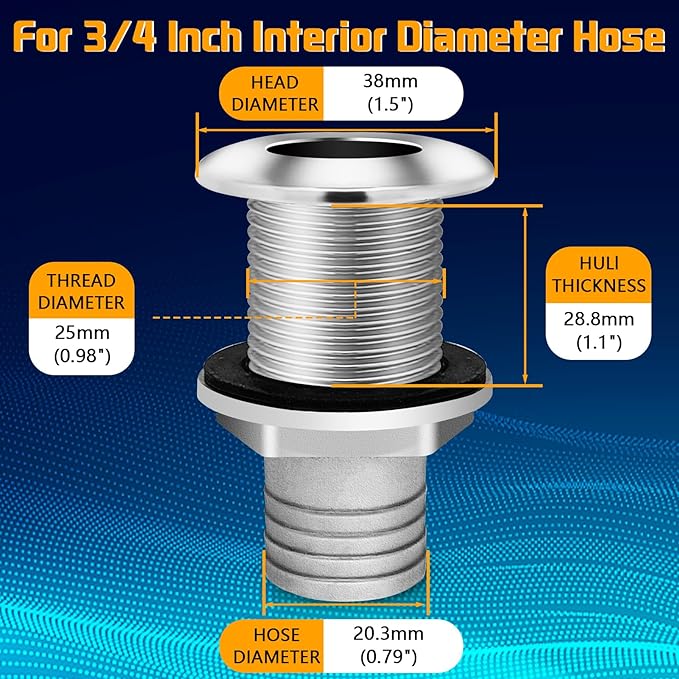 Thru Hull Fittings for Boats, Stainless Steel Yacht Through Hull Connecter with Straight Barb, Marine Barbed Hose Skin Fitting Drain for 3/4 inch I.D. Hose, 1 inch I.D. Hose