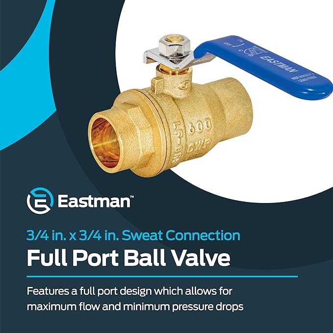 Eastman Heavy Duty Full Port Brass Ball Valve, 3/4 in Sweat x 3/4 in Sweat Connection, 20063LF