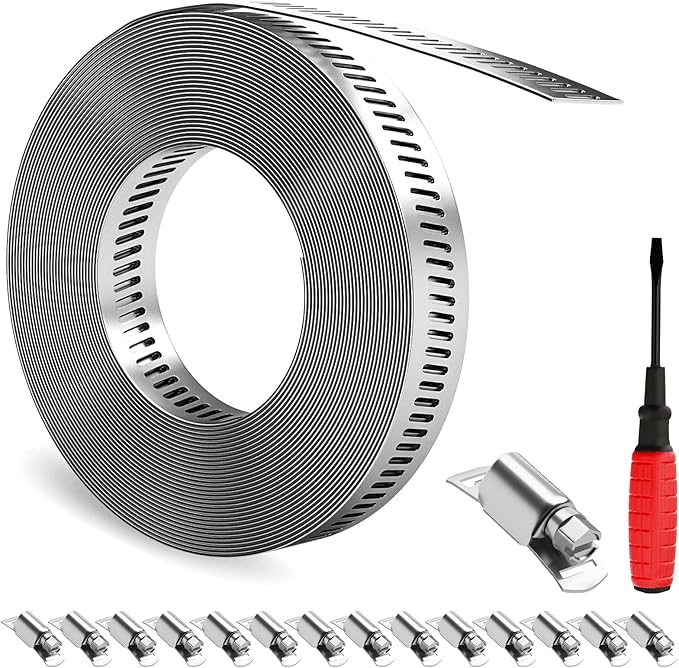 GASHER 19FT 304 Stainless Steel Hose Clamps DIY Kit, Metal Strapping with Holes + 25 Stronger Fasteners, Adjustable Pipe Worm Clamps, For Duct, Radiator, Fuel Line, Pool, Pipe