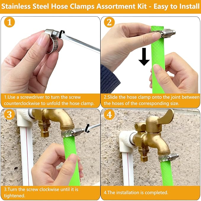 70 Pack Stainless Steel Hose Clamp Adjustable Assortment Kit, 8-64mm Worm Gear Drive Hose Clamps Metal Fuel Line Pipe Clamps for Plumbing, Tube, Mechanical, Automotive, Garden and Home Applications