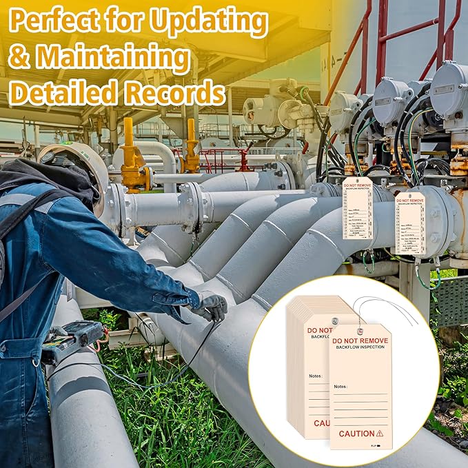 100 PCS Waterproof Backflow Inspection Tags 2.6 x 5.2 Inch Heavy Duty 18 Mil Writable Plastic Tags with Iron Wire & Pen Double-Sided Printing Pre-Punched Holes Maintenance Record for Backflow (Beige)