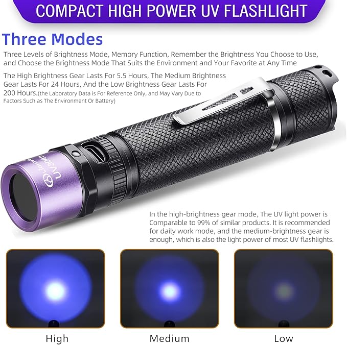 LIGHTFE UV304 UV Flashlight - High Power Ultraviolet - Rechargeable Type-C can be Used for UV Glue Curing, pet Urine Stains, ore Fluorescent Agent Detection…