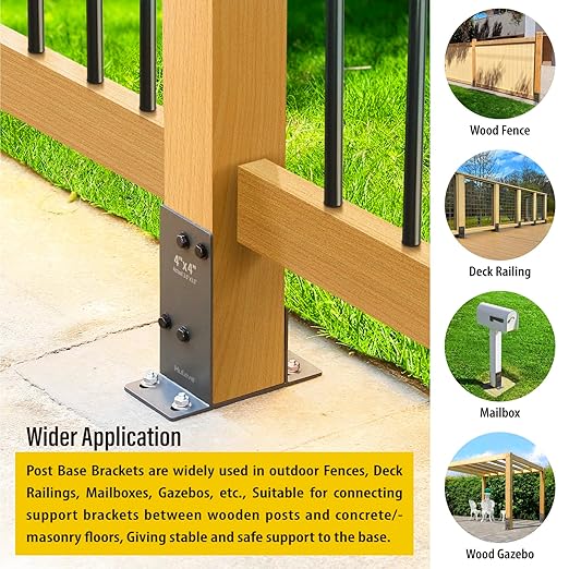 Hulave 1 Pack Stainless Steel 4" x 4" (Actual: 3.5" x 3.5") Post Base, Suitable for Terrace Railing, Fence, Mailbox, Gazebo, Porch, etc Concrete Support Anchor Base Post Anchor Bracket (Dark Gray)