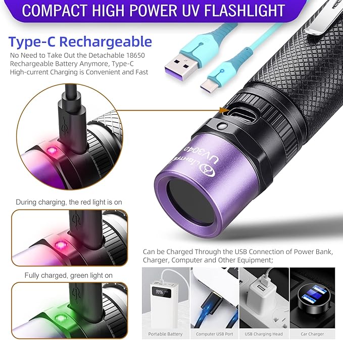 LIGHTFE UV304 UV Flashlight - High Power Ultraviolet - Rechargeable Type-C can be Used for UV Glue Curing, pet Urine Stains, ore Fluorescent Agent Detection…