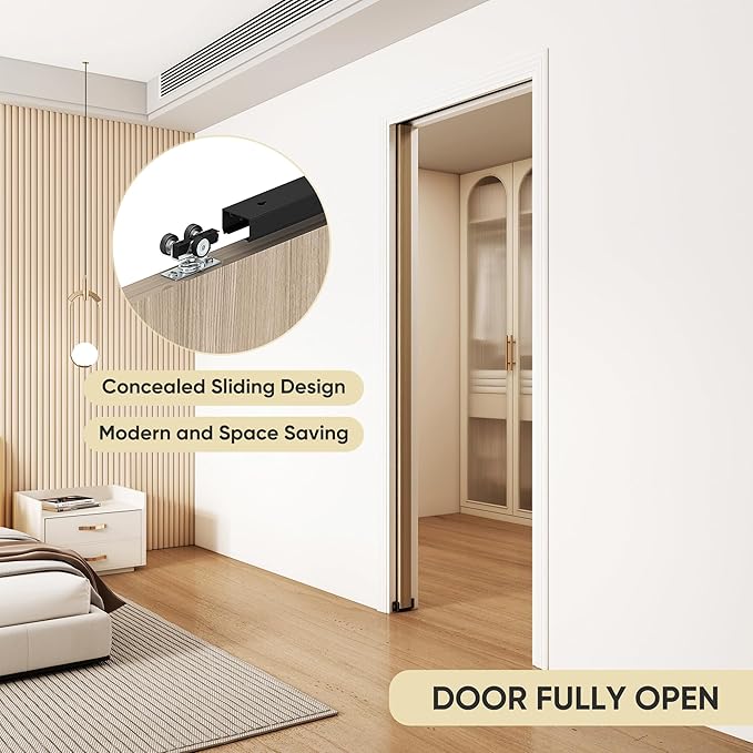 JUBEST 8FT Pocket Door Kit, Commercial Grade Sliding Pocket Door Hardware Kit, Aluminum Box Track 92.75", for Door 24"~48" Wide, Black Pocket Door Hardware,Easy to Install