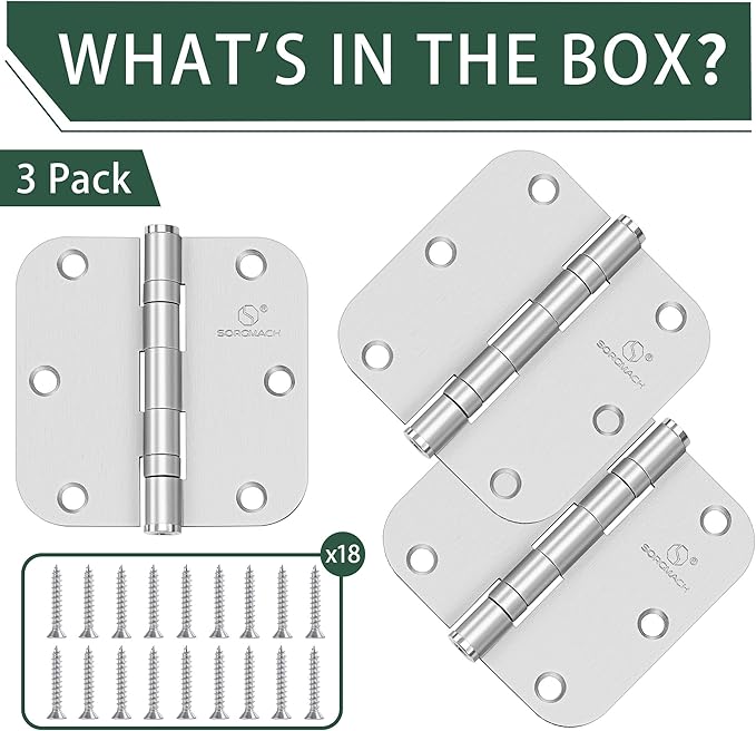 304 Stainless Steel 3.5 Inch Door Hinges Brushed Satin Nickel Interior Hinges 5/8" Radius Corners 3.5'' Ball Bearing Door Hinges- 3 Pack