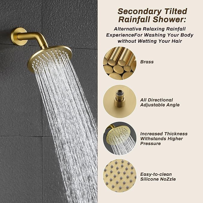 Rain Shower System, Push Button Diverter Shower Faucet Set with 2 in 1 Handheld Spray, Wall Mount Shower, Ceiling Mount Shower Head 3-Function Rainfall Shower System-Brushed Gold