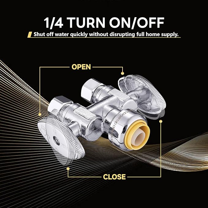 2-Pack Foskan Dual Outlet Push Fit Straight Stop Valve,1/4 Turn Straight Shut off Valve,1/2" Push Fit x 3/8" OD x 3/8" OD,Chrome Plated Brass