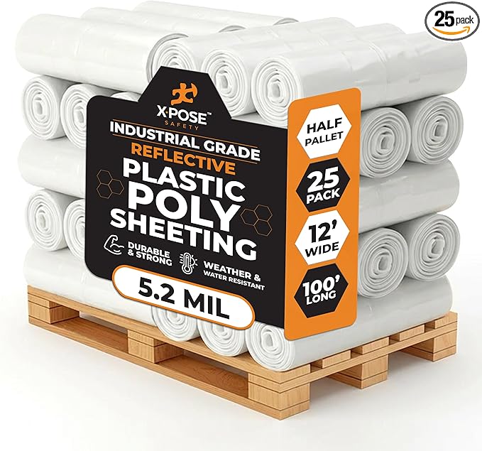 Xpose Safety Clear Plastic Sheeting (Bulk Half Pallet 25 Pack) – 12' x 100' Rolls – Heavy Duty 5.2 Mil Poly Sheet – Waterproof, Dustproof, Vapor Barrier – for Construction, Painting, Industrial Use