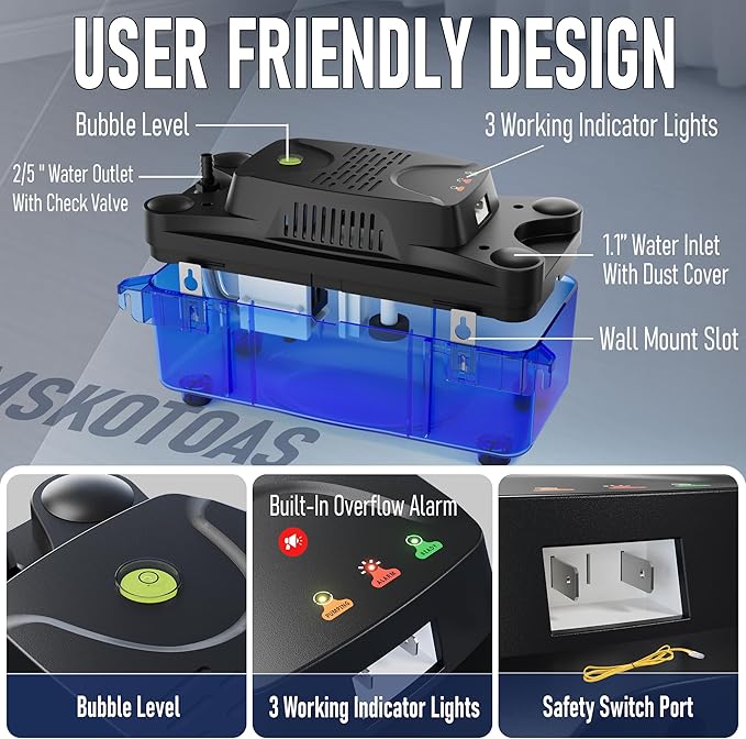 1/30 HP 132 GPH 20 FT Lift Transparent Condensate Pump for HVAC with 20 FT Tubing, 115V/230V Condensation Removal Pump with Safety Switch for Air Conditioner, Bolier, Furnace, Dehumidifier, Ice Maker