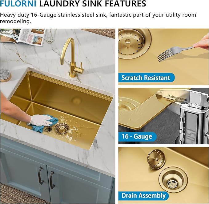 24"x18" Undermount Laundry Utility Sink Workstation – Brushed Gold NANO-PVD, 16 Gauge 304 Stainless Steel, 12 Inch Deep Single Bowl Basin for Laundry Room, RV or Utility Use