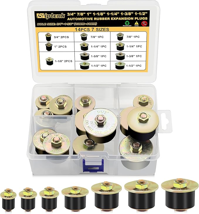 Siptenk 14pcs Freeze Rubber Expansion Plug, 7 Sizes Automotive Rubber Expandable Freeze Plugs Kit 3/4" 7/8" 1" 1-1/8" 1-1/4" 1-3/8" 1-1/2"