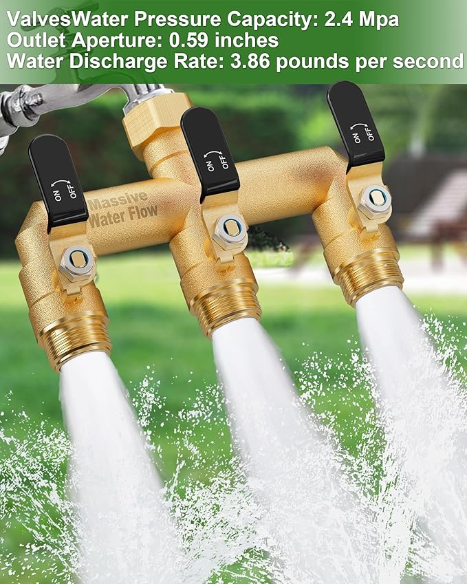 3 Way Hose Splitter, Heavy Duty Full Flow Garden Water Hose Bib Spigot Splitter, Brass Rust and Freeze Resistant Outdoor Faucet Splitter, T Adapter Connector with 3/4 - Inch GHT Thread （Black）
