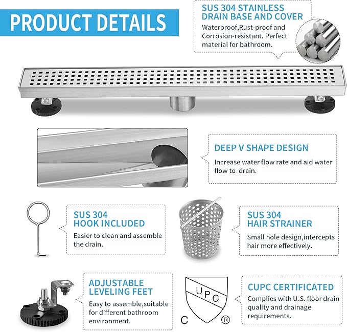 Linear Shower Drain 28 Inch Rectangular, Brushed Nickel SUS-304 Stainless Steel Shower Drain, 51L/Min Fast Drainage Floor Linear Drain, US Standard CUPC Certified, Brushed Silver, SD-112-28S