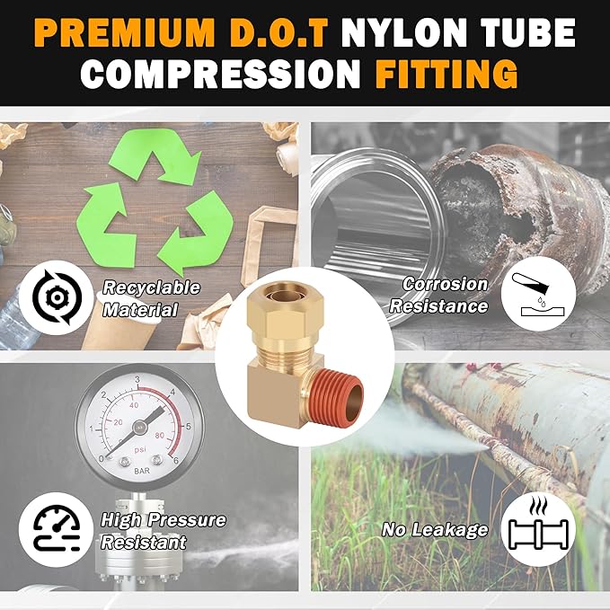 5PCS Air Brake Nylon Tubing Brass 90 Degree Union Elbow Fitting, 1/2" Tube OD x 3/8" NPT Thread Air Compression Fittings for Nylon Hose with DOT Approved for Truck Trailers