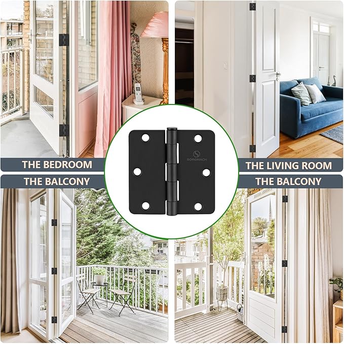 Door Hinges 3 1/2 Inch Matte Black 3.5 Inch Interior Hinges 1/4" Radius Iron Hinge 3 ½"x 3 ½" Door Hardware - 30 Pack