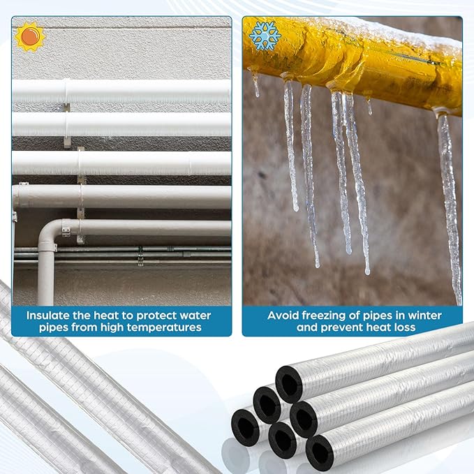 Tondiamo 8 Pcs 3 FT Pipe Insulation Foam Tube Self Adhesive Insulation Foam Wrap with Aluminum Foil Tape & Cable Ties for Tubing Heat Preservation Winter Outdoor Freeze Protection (3/4 Inch)