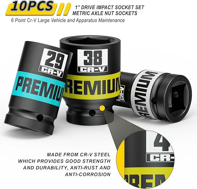 10 Piece 1" Drive Impact Socket Set, Metric Axle Nut Sockets, 21-41mm Thicker Jumbo Sockets, Socket Set, 6 Point, Cr-V, Vehicle and Apparatus Maintenance
