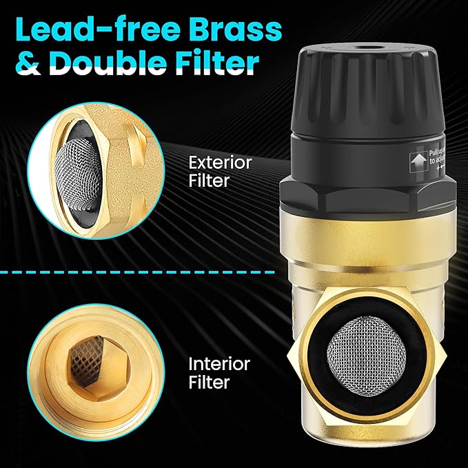 Water Pressure Regulator for RV and Garden Lead-Free Brass Adjustable Water Pressure with 0-160 PSI Silicone Oil Gauge and Screen Filter Use in Camper, Trailer, RV Plumbing System