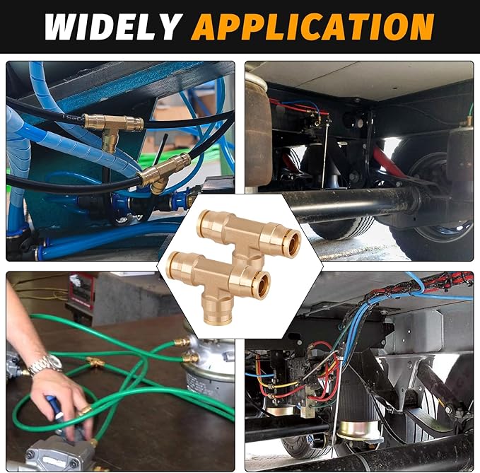 1/4" Tee Union Push to Connect Fittings， 4PCS DOT Approved Air Fittings Brass Air Brake Line Fittings，Quick Push in Union Fittings for Trucks Trailers Industrial Workshops