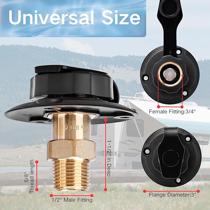 RV City Water Inlet with Check Valve – 3/4″ NH to 1/2″ NPT Brass, Matte Black Dust Cap