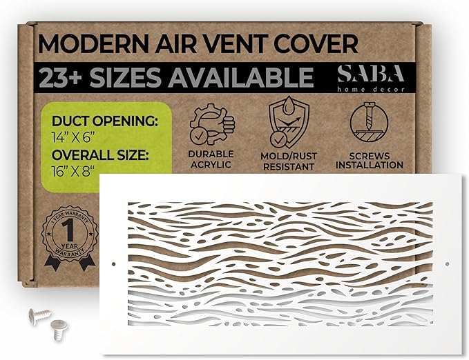 SABA Home Decor White Air Vent Cover - Acrylic Plexiglass 6 x 14 Duct Opening (8 x 16 Overall) Return Grille Decorative Covers for Walls & Ceilings NOT for Floor USE, Waves