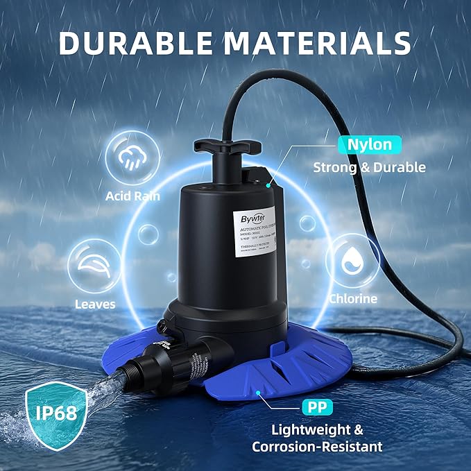 Pool Cover Pump, 1/4HP Automatic Swimming Pool Cover Pump, 1800 GPH Submersible Sump Pump with Check Valve Adapter for 3/4" & 1-1/4" Hoses and 25ft Power Cord, Water Removal for Pool Cover