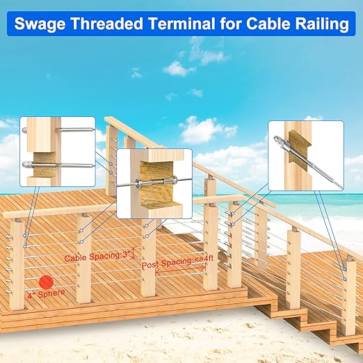 BLIKA 10 Pack Cable Railing Swage Threaded Stud Tension End Fitting Terminal for 1/8" Deck Cable Railing, T316 Stainless Steel, Cable Railing tensioner 1/8" for 2"x2" Wood/Metal Post