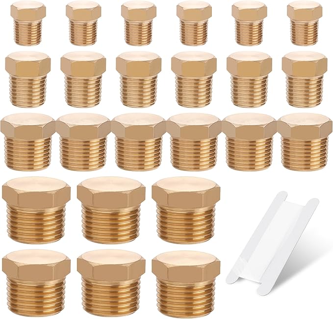24 PCS Brass Hex Pipe Plug Fittings Kits,Brass Plugs Fitting Assortment Kit 1/8" 1/4" 3/8" 1/2" NTP Plugs Male Threaded