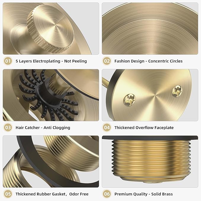 Champagne Brushed Gold Bronze Bathtub Drain, Hair Catcher and 2-Hole Overflow Faceplate, 11.5/16 UNC, Lift and Turn Bathtub Drain Replacement, Tub Drain Stopper
