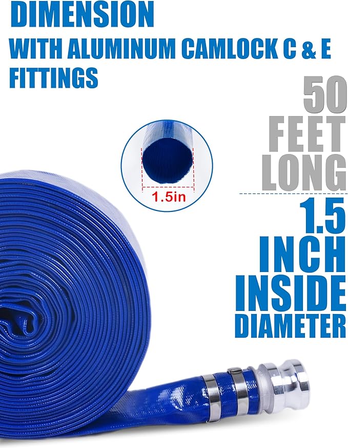 ZYfire Backwash Hose - 1-1/2" x 50 FT PVC Lay Flat Discharge Hose with Aluminum Camlock C & E Fittings Heavy Duty Reinforced Pump Discharge Hose Weather and Burst Resistant for Pool Drain, Sump Pump