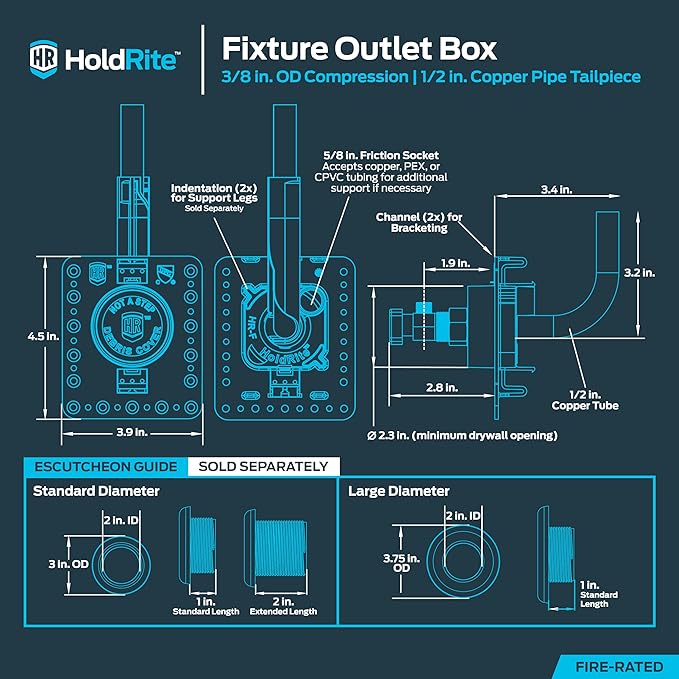 Holdrite Fixture Outlet Box with 3/8 Inch Compression Outlet, Pre-Assembled, Pack of 10, Fire Rated, 1/2 Inch Copper Tailpiece, HR-FR-M-1
