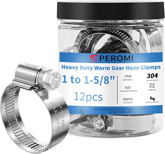 12PCS Heavy Duty Hose Clamps Stainless Steel 304, 1" Hose Clamp to 1-5/8" Hose Clamp (25-40mm) Adjustable Worm Gear Drive Hose Clamps,Pipe Clamp for Automotive and Shipping Industrial Use