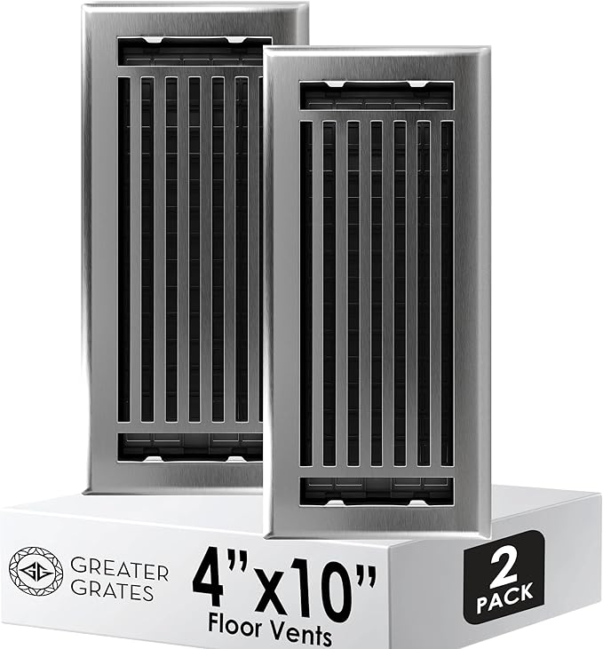Floor Register 4x10 Vent Cover – 2 Pack – Heavy-Duty Steel, Rustproof & Walkable Grates, Drop-in Install, Adjustable Air Supply Switch - Decorative Straight Line Design, Brushed Nickel