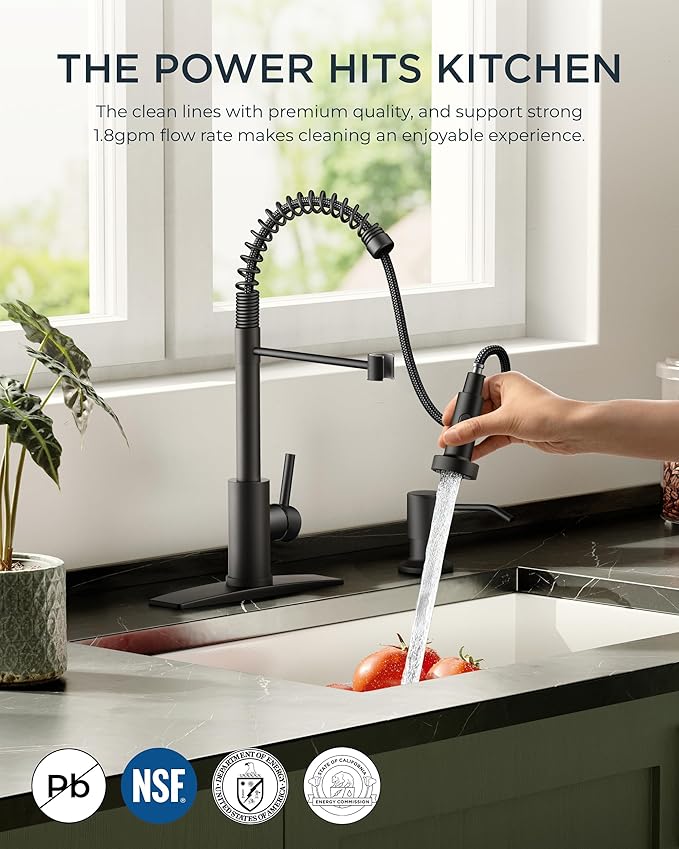 FORIOUS Black Kitchen Faucet with Soap Dispenser, Single Handle Stainless Steel Spring Sink Faucet with Pull Down Sprayer Transitional for Pot Filler, Farmhouse Camper Bar Laundry Room