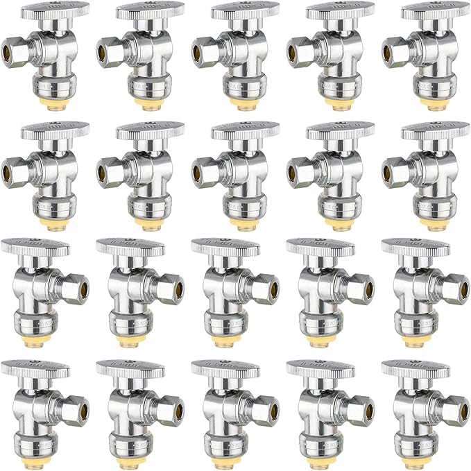 HeSun 20-PCs Push-Fit Angle Stop Valve, 1/2" Push x 1/4" OD Compression Angle Stop, 1/4 Turn Water Shut Off Valve for Bathroom with Disconnect Clip Tool