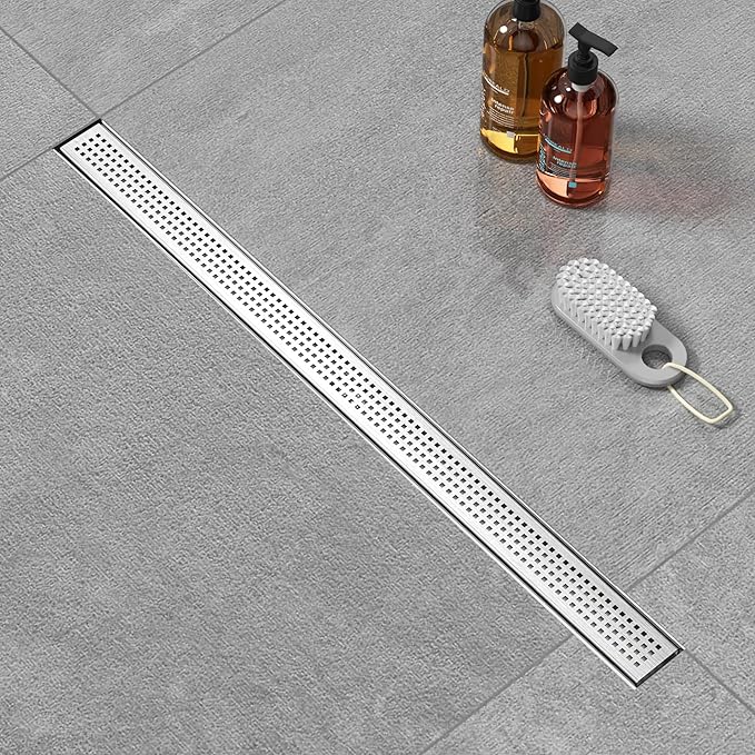 24 inch Linear Shower Drain with Square Hole Pattern Grate Cover, Brushed 304 Stainless Steel Bonding Flange Linear Drain, Low Profile Linear Shower Drain with Hair Strainer